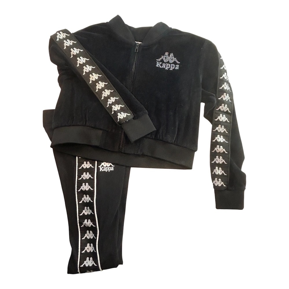 Kappa Tracksuit Set Small/Medium Black Velour Rhinestone Logo Zip Crop Jacket